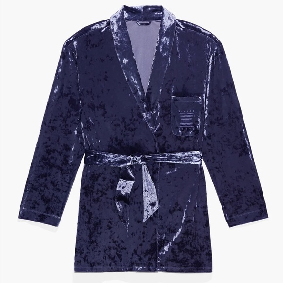 Savage X Fenty Navy Blue Whiskey Room Velvet Smoking Jacket & Boxers Pajamas Set - Picture 4 of 13